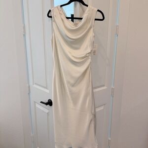 A New Day Cream Maxi Dress Long Sleeveless Cowl Neck Ruched Satin Lined S